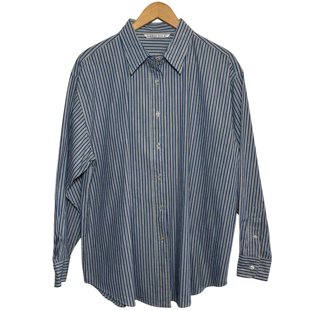 Vtg Generra Womens XL 100% Cotton Blue Gray Striped Button Down Shirt